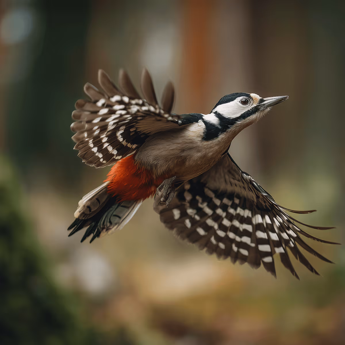 Buntspecht mit schwarz-weißem Gefieder und rotem Bauch im Flug vor unscharfem Hintergrund.