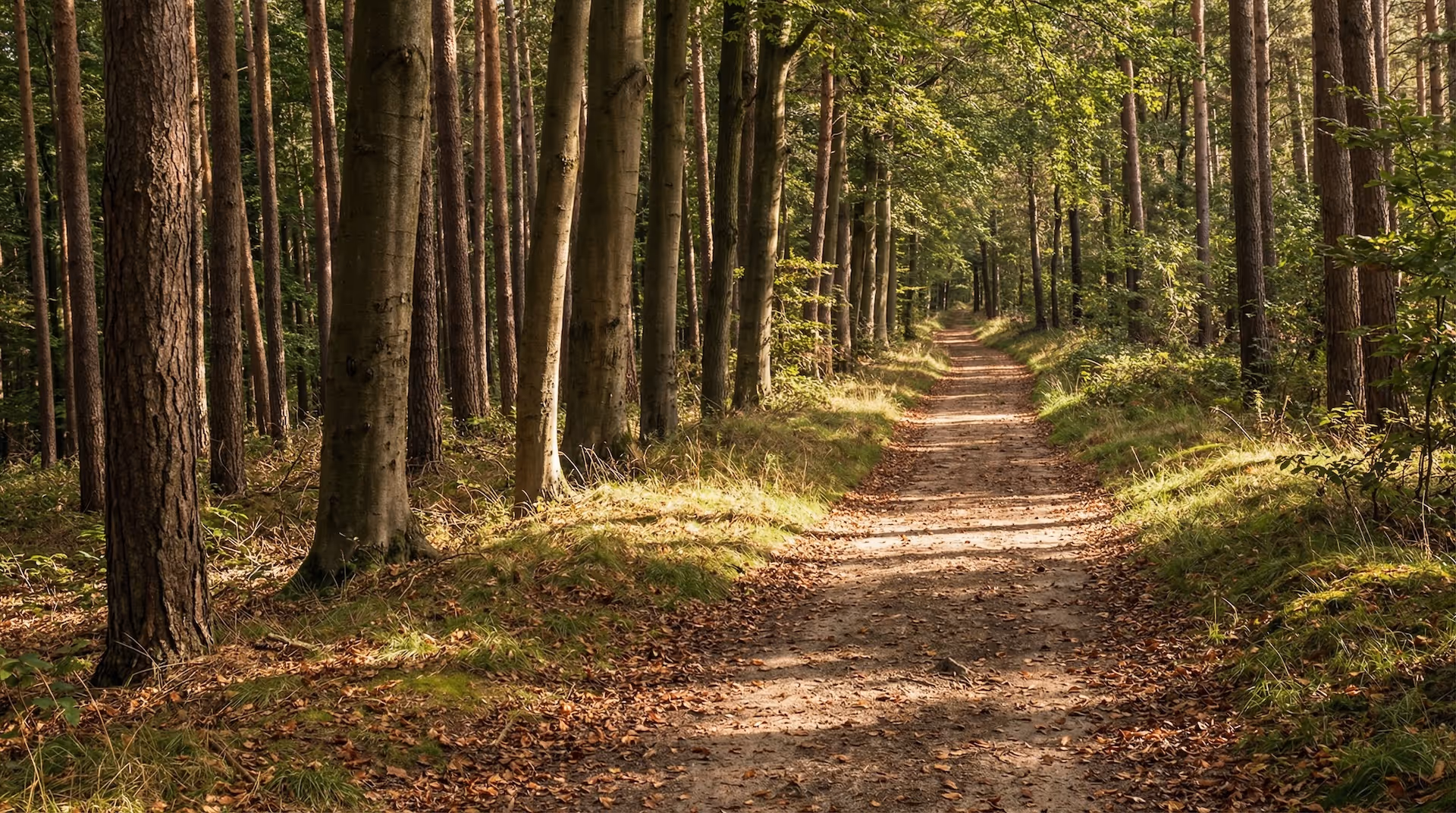 Ein schmaler Waldweg windet sich durch einen sonnendurchfluteten Kiefernwald mit Laub auf dem Boden.