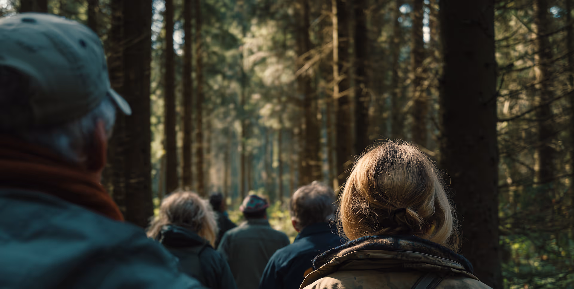 Gruppe von Menschen, die zusammen durch einen dichten Wald wandern.