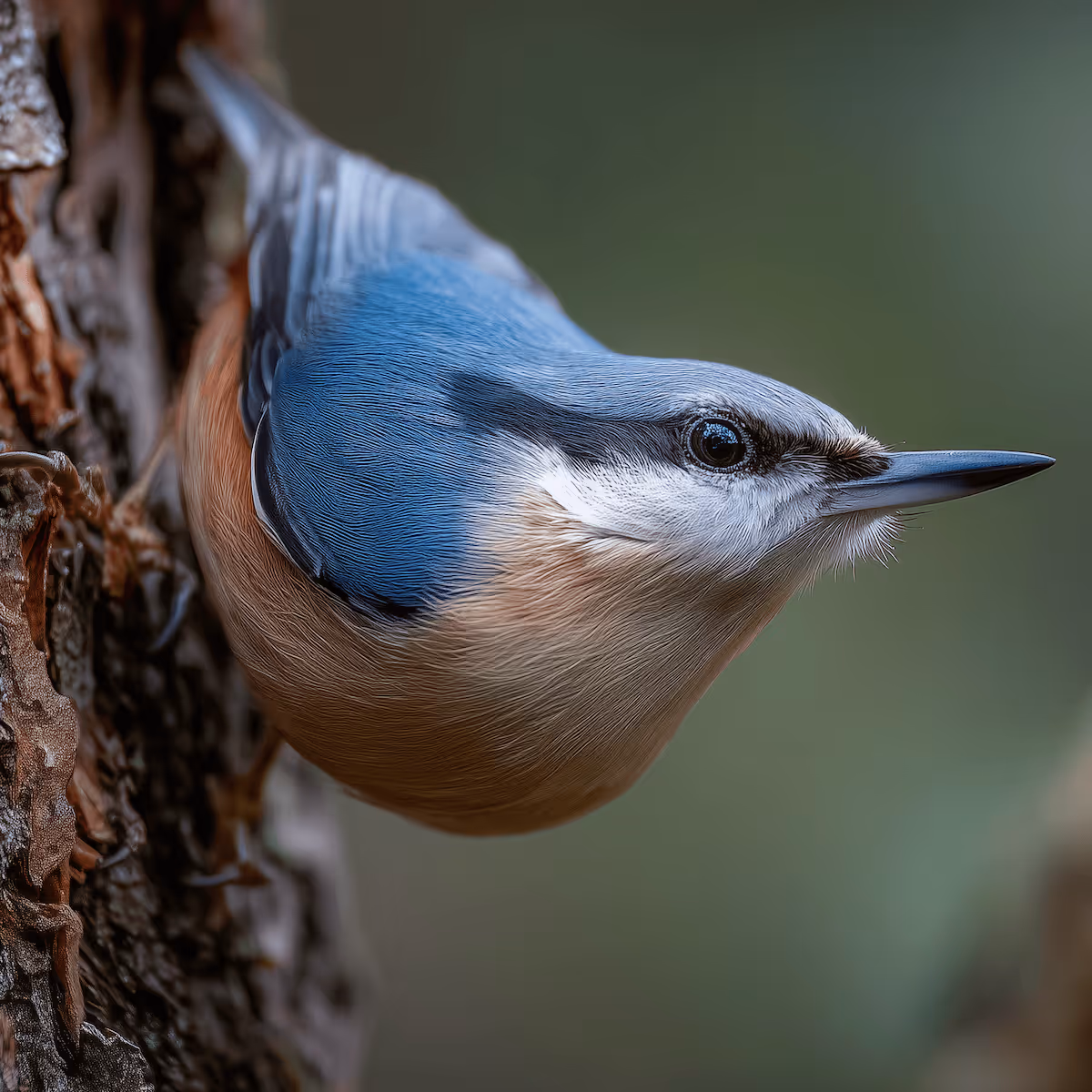 Nahaufnahme eines Kleibers mit blauem Gefieder an einem Baumstamm.