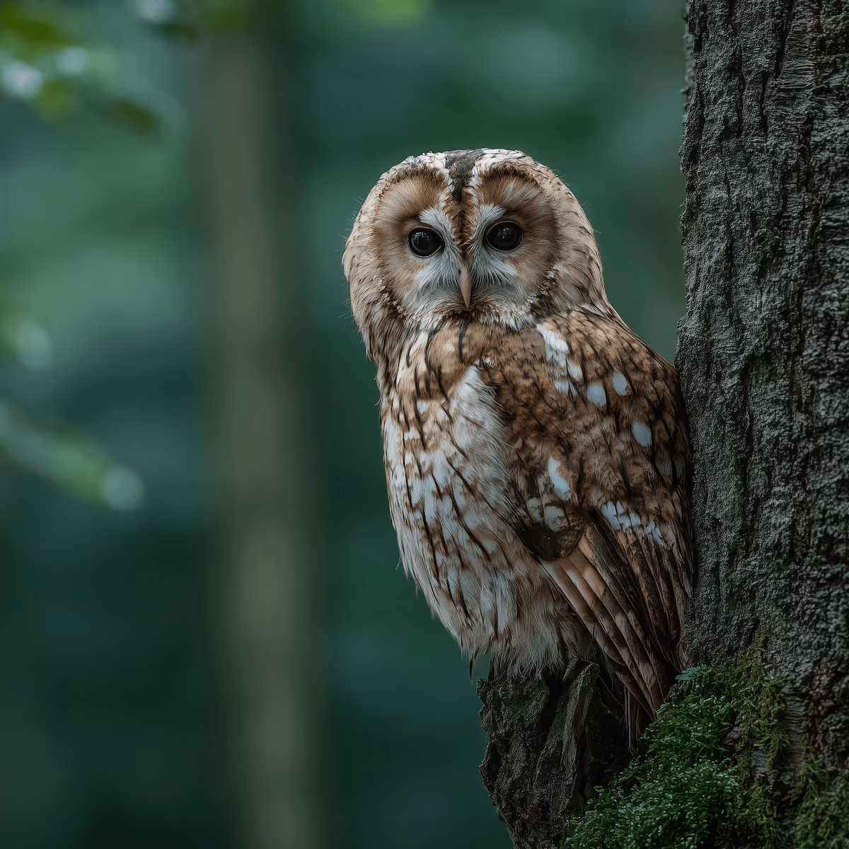 Eule mit braun-weißem Gefieder sitzt auf moosbewachsenem Baumstamm im dunklen Wald.